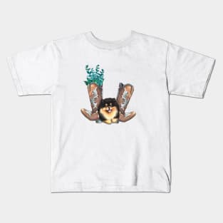 Cute Pomeranian Puppy and Cowboy boots Watercolor Art Kids T-Shirt